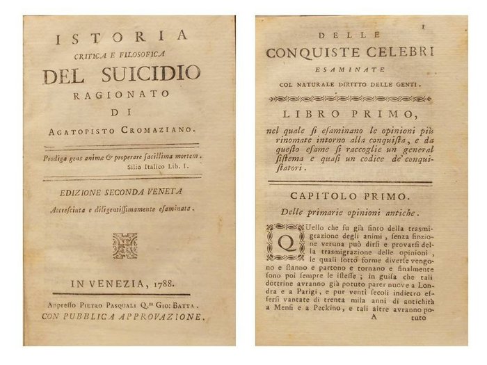Agatopisto Cromaziano [Appiano Buonafede] - Istoria Critica e Filosofica del Suicidio Ragionato - 1788