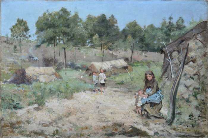 Paul-Léon Gagneau (1848-1910) - Charbonnière et ses enfants en forêt