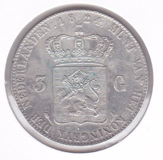 Netherlands. Willem I (1813-1840). 3 Gulden 1824 met streepje tussen kroon en wapen