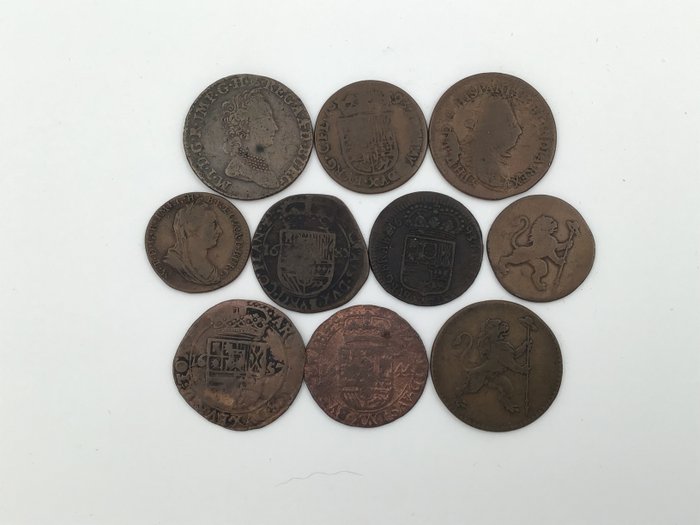 Zuidelijke Nederlanden. Lot van 10 koperen munten 17de en 18de eeuw
