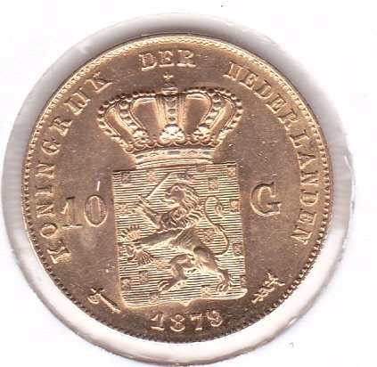 Netherlands. Willem III (1849-1890). 10 Gulden 1879 / 77 overslag