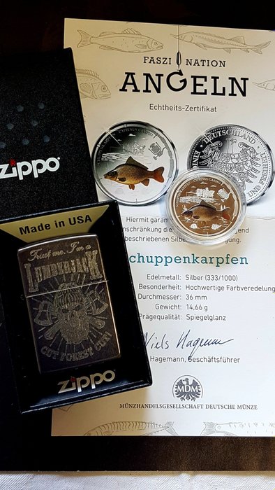 Zippo - Holzfäller mit Silbermünze Echtheitszertifikat - Incisione laser di rarità originale Zippo
