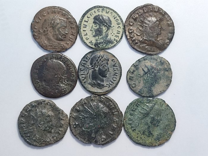 Roman Empire. Lot of 9 Æ coins (Folles and Antoniniani),  3rd-4th centuries AD