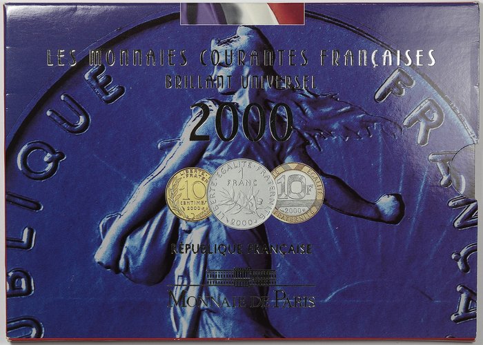 France. Coffret BU. Lot 10 monnaies en Francs. Brillant Universel - série 2000