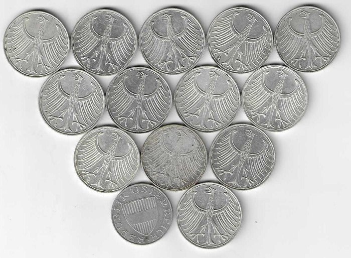 Allemagne, République Fédérale. Lot. 5 Mark 1951/1973, dazu 10 Schilling (14 pieces silver)