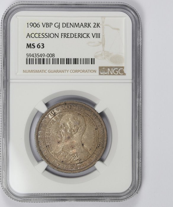 Danemark. Frédéric VIII. 2 kroner. 1906 Copenhague - MS63 NGC