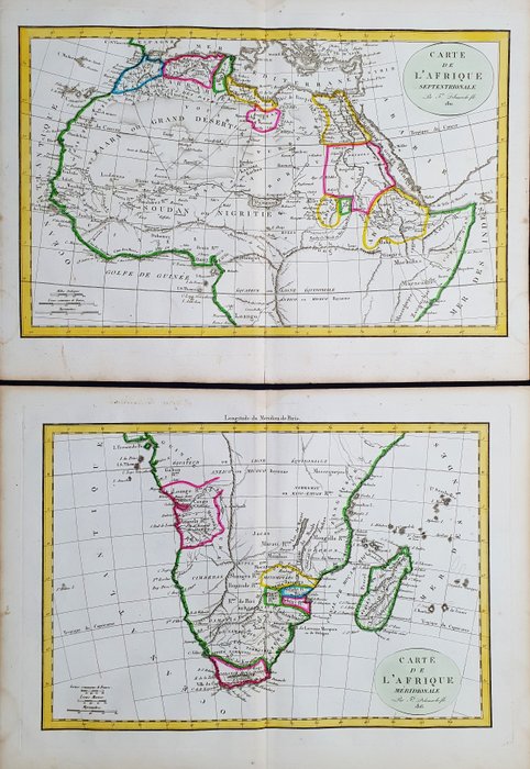 Africa, (Lot of 2) North e South Africa, Senegal, Cape of Good Hope; C. Delamarche & R. de Vaugondy - Carte de l'Afrique Septentrionale & Carte de l'Afrique Meridionale - 1781-1800