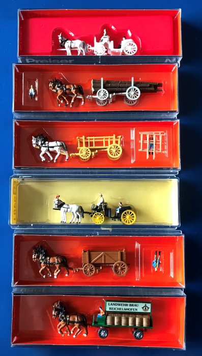 Preiser N - Landschap - 6 doosjes met paard, wagen en mensen