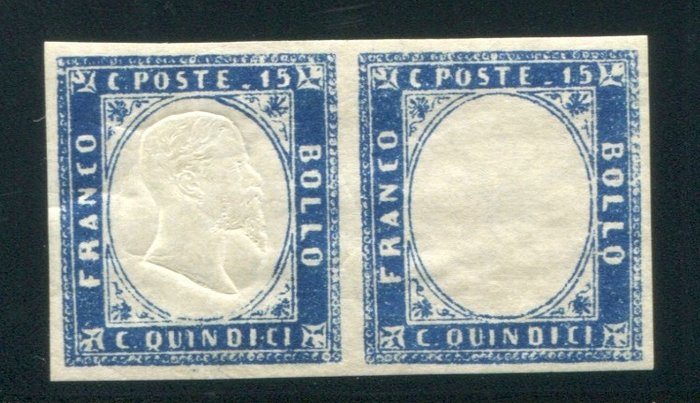 Royaume d’Italie 1863 - 15 cents Sardinia type, pair with a piece without effigy - Sassone 11n