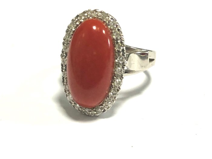 Image 2 of 18 kt. White gold - Ring Blood Coral - Diamonds