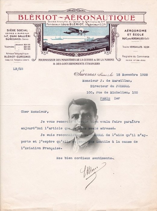 Louis Bleriot - Lettre dactylographiée signée à entete Blériot-Aéronautique - 1928