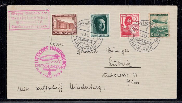 German Empire 1937 - German Reich 1937 – zeppelin airship “Hindenburg” – letter transported on the last flight