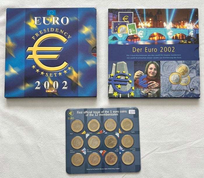Europe. 1 Euro (36x) 2002, CD, 2 Medal, 12 Stamp total (3 sets)