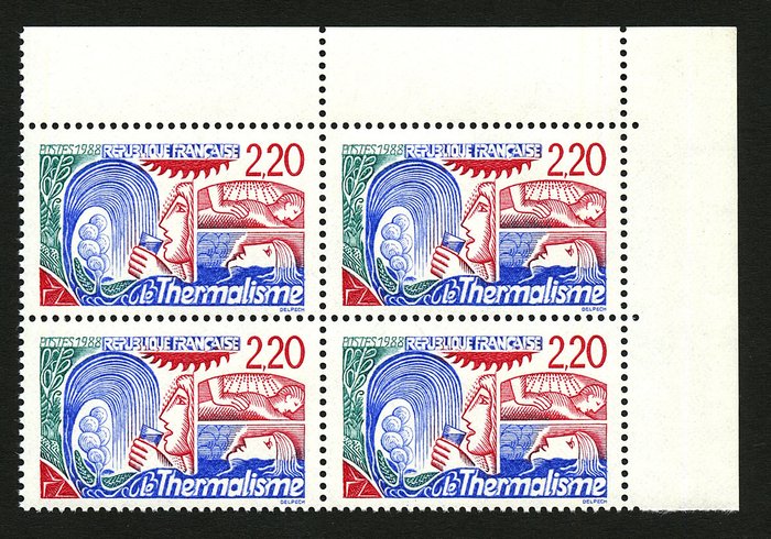Frankrijk 1988 - Balneology, 2 Francs 20, variety, red instead of blue, block of 4 - Yvert 2556a