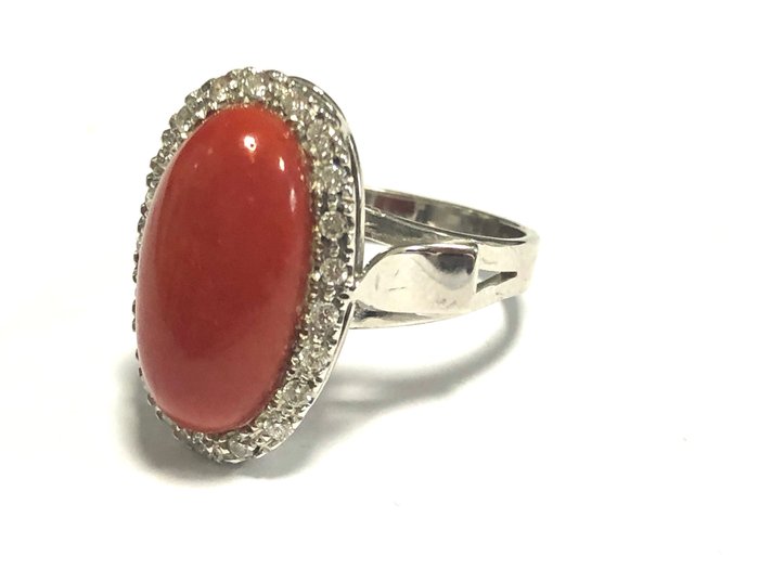 Image 3 of 18 kt. White gold - Ring Blood Coral - Diamonds
