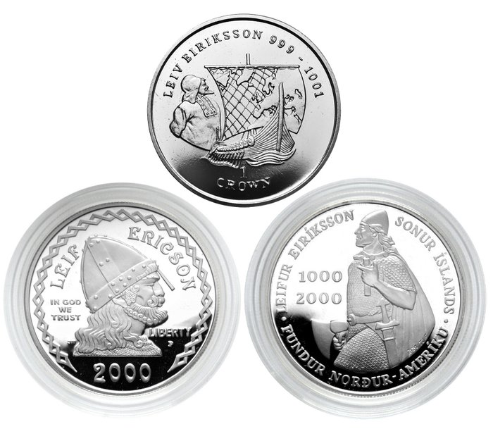 Iceland, Isle of Man (Crown dependency), United States. 1000 Kronur 2000 + Crown 1997 + Dollar 2000 (3 coins) with 2x silver