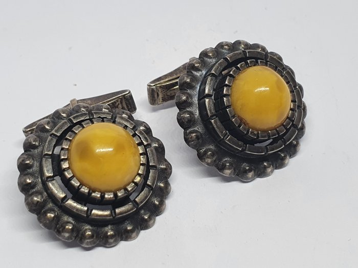 Vintage silver cufflinks from USSR with natural amber, - 850 Ambra, Argento - Gemelli