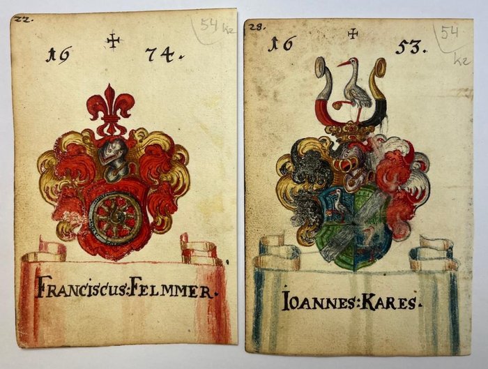 Wappenmaler des 17. Jahrhundert - Stammbuch Wappenmalerei des Barock auf Büttenpapier-Baroque coat of arms painting on handmade paper - 1653/1674