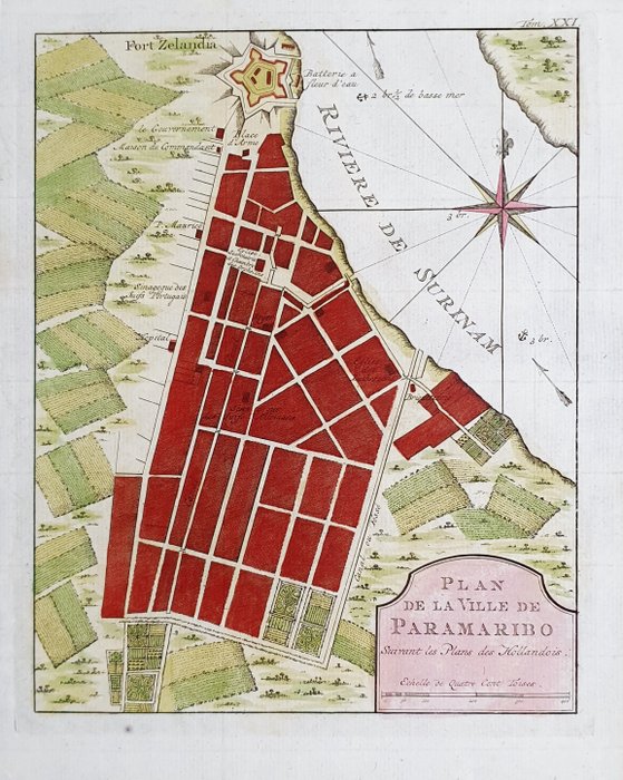 America del Sud, Suriname, South America, Paramaribo; La Haye / P. de Hondt / J.N. Bellin - Plan de la Ville de Paramaribo - 1721-1750
