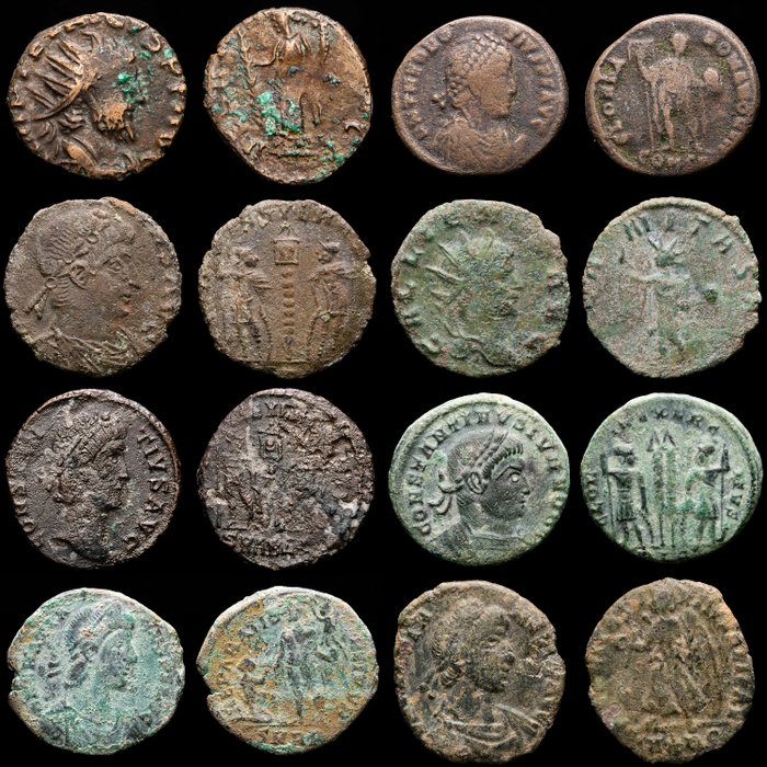 Roman Empire. Lot comprising 8 AE coins : Antoninianus, Folles, Maiorinas Tetricus, Gallienus, Constans, Constantius II, Constantine II, Gratian (2), Theodosius.