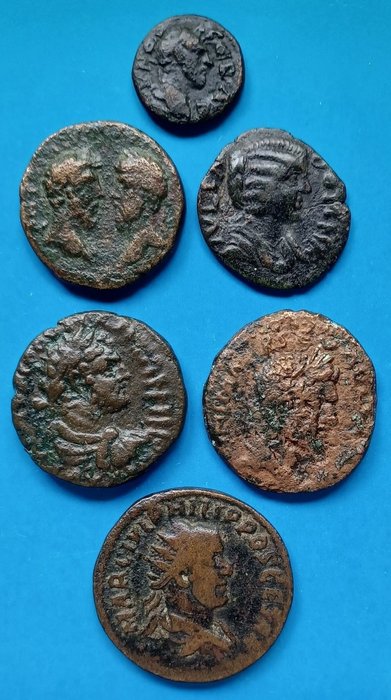 Roman Empire (Provincial). Lot of 6 Æ coins,  incl.: Arados. Marcus Aurelius and Lucius Verus; Parlais. Julia Domna and Byblus. Caracalla