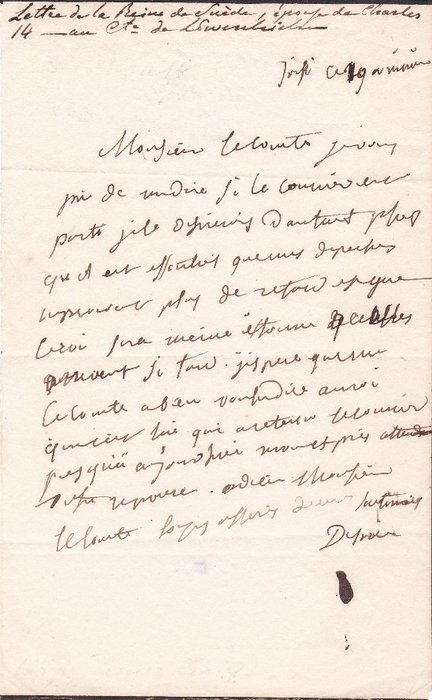 Désirée Clary, Queen of Sweden - Autograph letter signed  sent to the Count of Lowenhielm