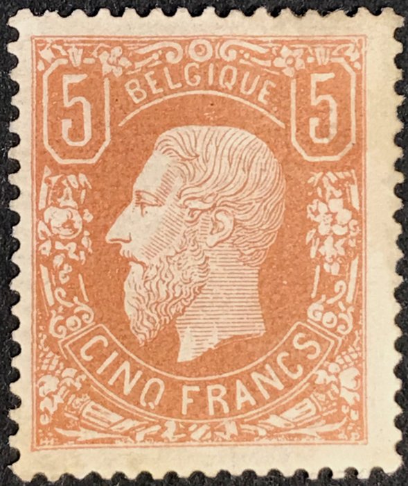 Belgien 1869 - Leopold II 5 francs OBP 37A light brown - Wonderfully centred - Behr certificate - OBP 37A