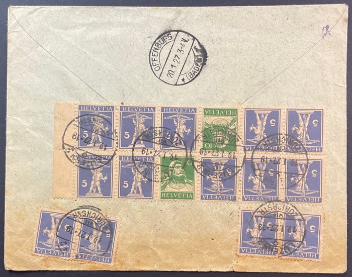 Svizzera 1927 - Fantastic foreign letter from Lucerne to Offenburg, franked on the back, better se-tenant