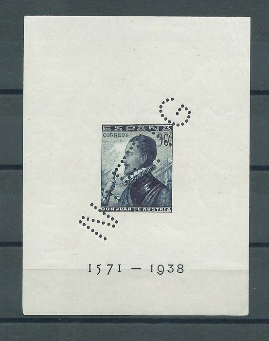Spain 1938 - Lepanto imperforated, dark blue, Nietig perfin (proof) - Edifil nº 865