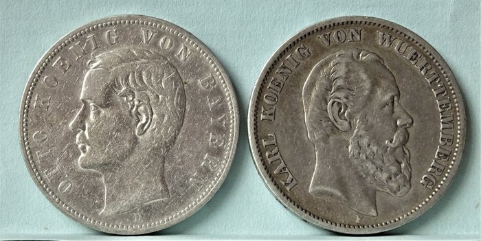 Allemagne, Empire. Lot. 5 Mark 1903-D, Bayern/5 Mark 1875-F, Württemberg (2 pieces)