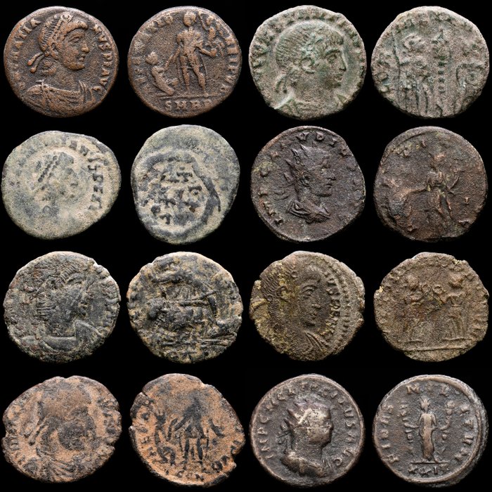 Roman Empire. Lot comprising 8 AE coins : Antoninianus, Folles, Maiorinas Tacitus, Claudius II, Constantine II, Constantius II (2), Valentinianus, Magnus Maximus, Gratian.