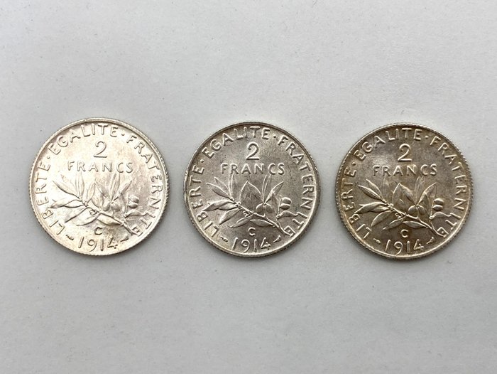 France. Third Republic (1870-1940). 2 Francs 1914 - Castelsarrasin (3 pieces)