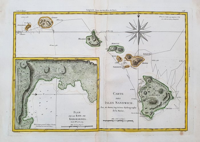 Nord America, Pacific Ocean, Hawaii Islands, Honolulu, Oahu; Desmarest & Bonne - Carte des Isles Sandwich / Plan de la baye de Karakakooa - 1781-1800