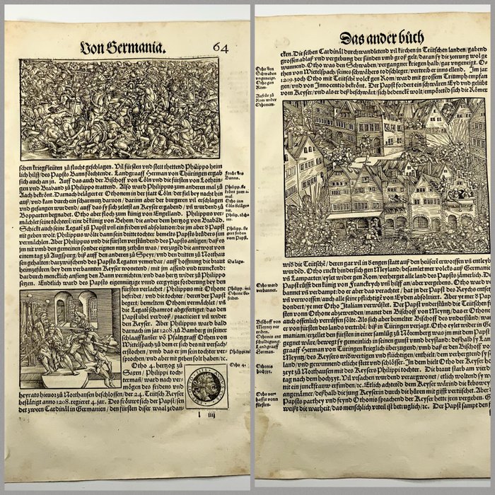 Heinrich Vogtherr (the Elder) - Folio with 3 large woodcuts, Murder of Philip (1208), Battle Scene, Civil Unrest in Rome - 1548