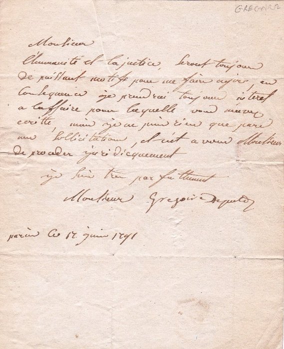 Abbé Grégoire - Figure de la révolution française - Lettre autographe signée à monsieur Nantet - 1791