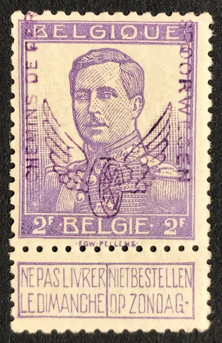 België 1915 - Spoorwegzegel - Gevleugeld wiel - 2 frank Violet - Meervoudig gesigneerd - Mooie centrage - OBP TR56