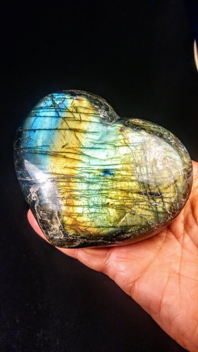 Massima qualità - arcobaleno blu - colori dorati cuore massiccio - Lucidato - Labradorite - 11×9×4 cm