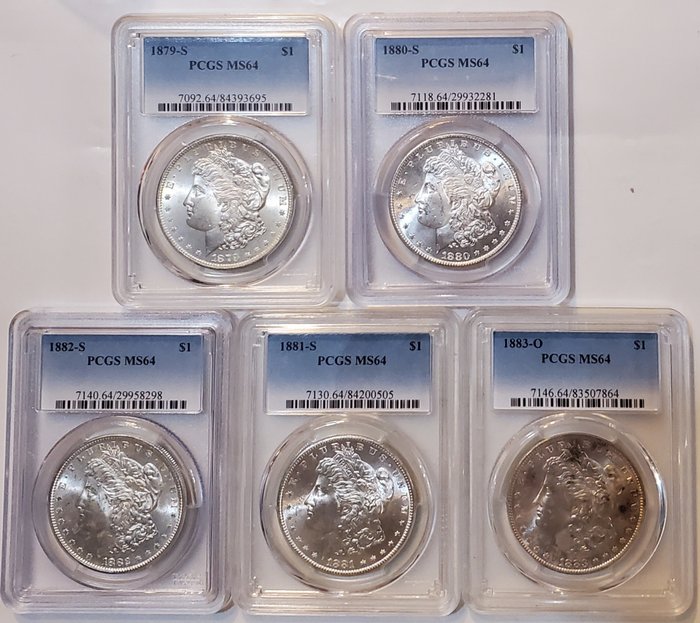 United States. 1 Dollar 1879-S + 1880-S + 1881-S + 1882-S＋1883-O (5 coins) in PCGS Slabs
