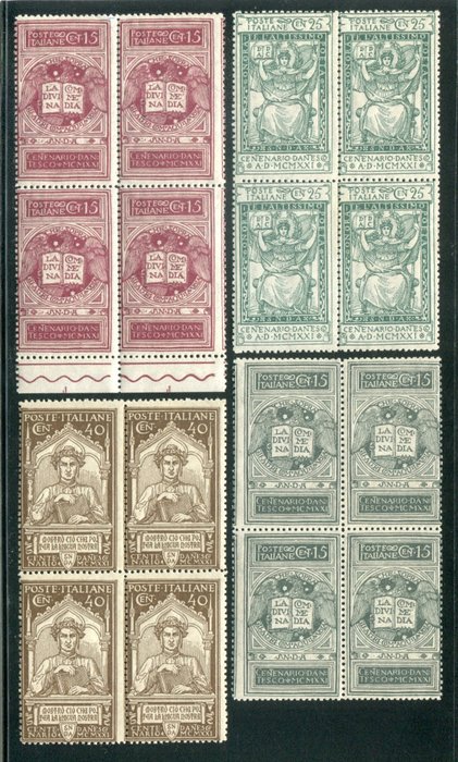 Royaume d’Italie 1921 - Kingdom, Dante, set of 4 values with unissued in blocks of four - sassone 116/118 + 116A