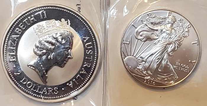 Australia, United States. 1 Dollar/ 2 Dollars 1996/2016 Silver Eagle + Kookaburra - 1 Oz + 2 Oz