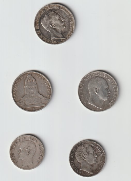 Allemagne, Empire. Lot. 2 Mark/3 Mark/Vereinstaler/Gulden 1859/1913 (5 pieces silver).