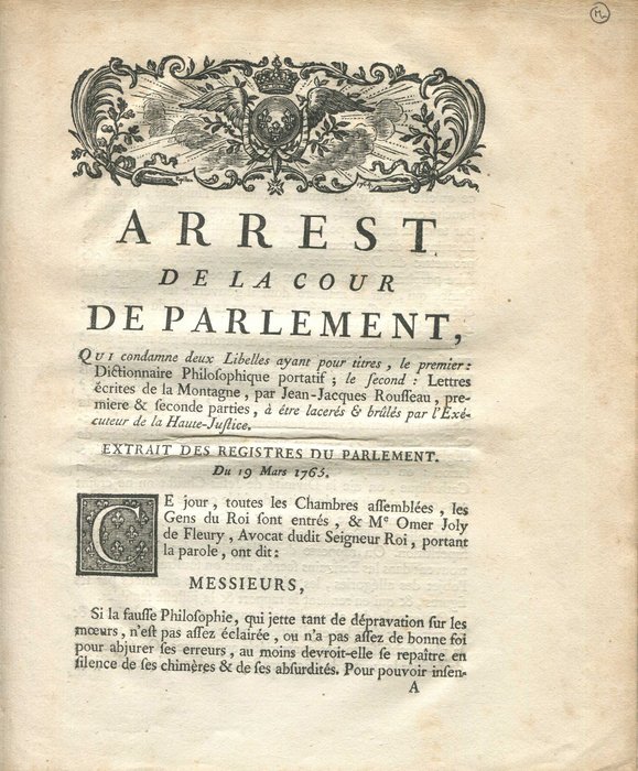 [Voltaire, Rousseau] - Arrest de la Cour de Parlement - 1765