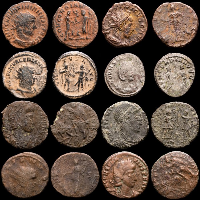 Roman Empire. Lot comprising 8 AE coins : Antoninianus, Folles, Maiorinas Salonina, Gallienus, Valerian, Tetricus II, Maximmianus, Constantius II (2), Constans.