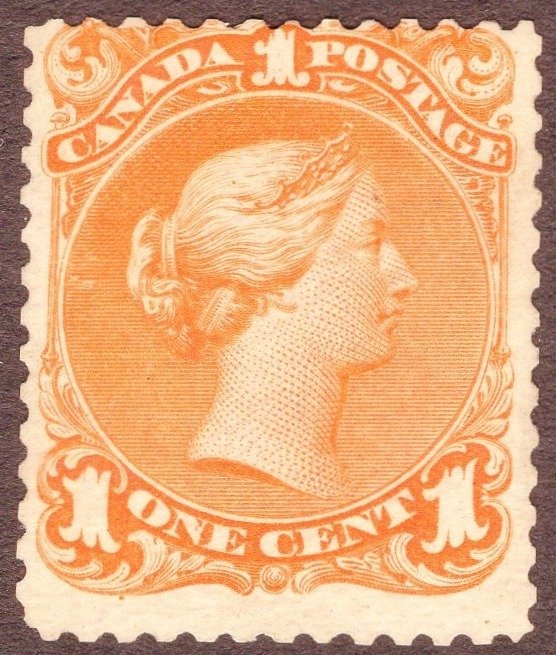 Canada - 1868-90 1c Orange Yellow  A mounted mint example with Dealers mark on reverse - Sg 56a
