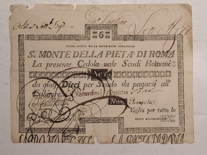 Italy, Papal State - 6 Scudi 01/08/1796 - Gav. Boa. 01.0942