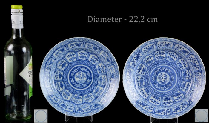 Piatti / piatti "Fiori". (2) - Blu e bianco - Porcellana - Piante da fiore, fiori, teste di ruyi (scettro). - Cina - Kangxi (1662-1722)