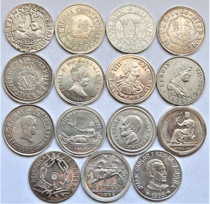 Spagna. Lote de 15 medallas en plata de ley diferentes épocas numismática española.