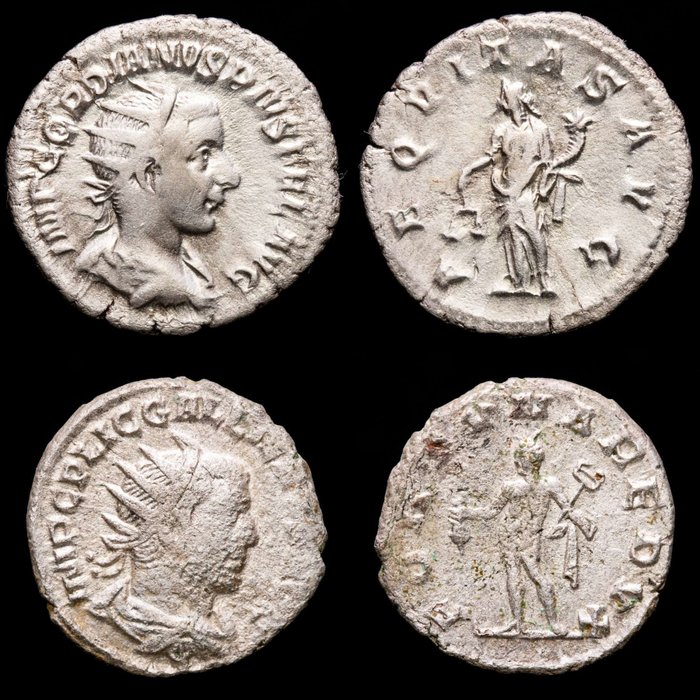 Roman Empire. Gordian III (238-244 A.D.) and Gallienus. (253-268 AD). Lot comprising two Antoninianus,  Rome, AEQVITAS AVG, Aequitas / Antioch, FORTVNA REDVX Mercury.