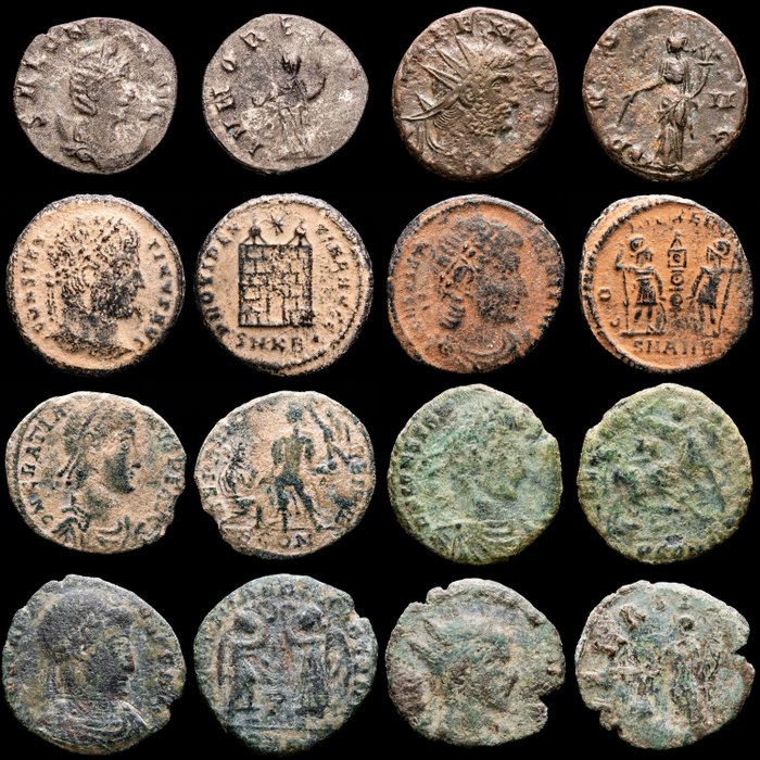 Roman Empire. Lot comprising 8 AE coins : Antoninianus, Folles, Maiorinas Salonina, Gallienus, Claudius II, Constantine I (2), Constans, Constantius II, Gratian.