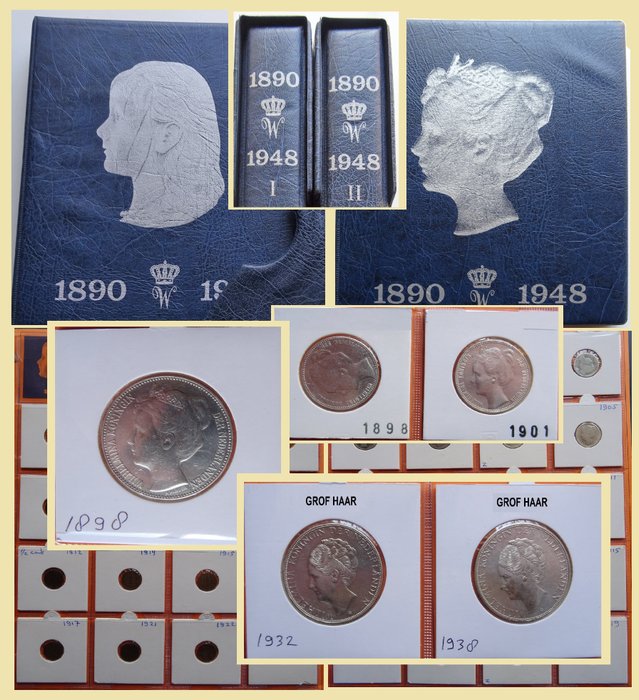 Nederland. Wilhelmina (1890-1948). 1891/1948 - Geheel intact gelaten vrijwel complete collectie in 2 HB voordrukalbums (239 munten).